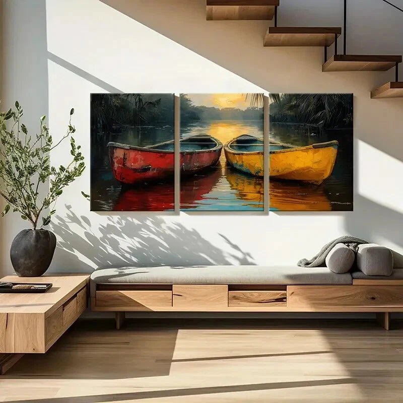 3pcs Artistic Canoe Sunset Reflections Water Scene Metal Print Ready to Hang Art - Bella Home Decor