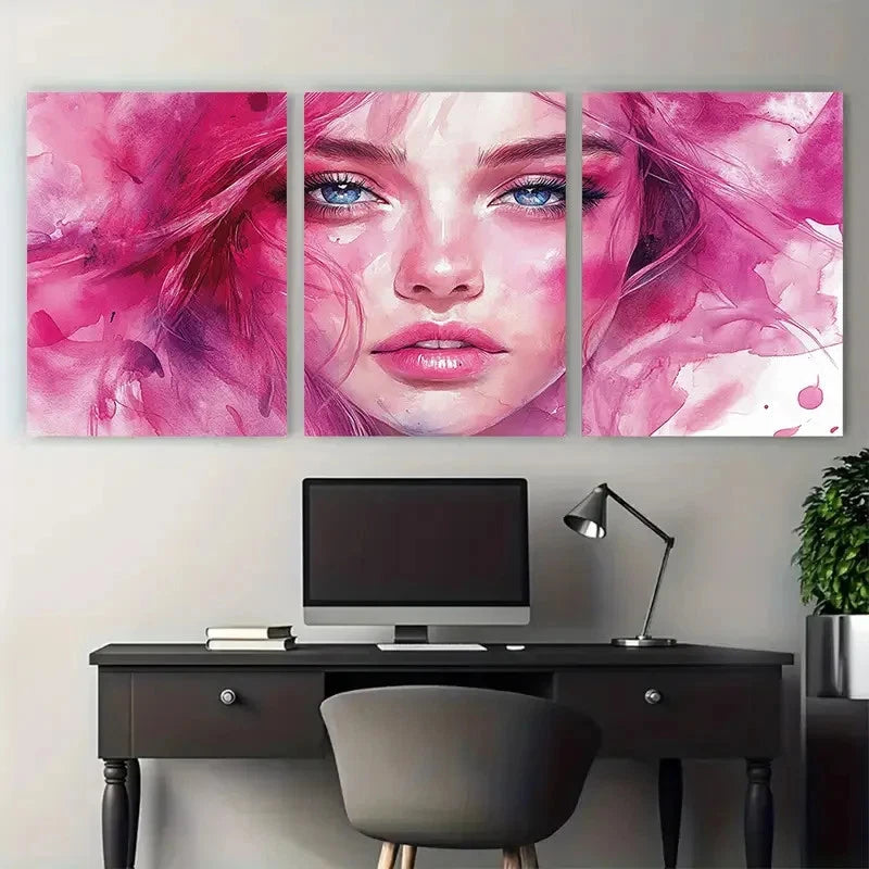 3pcs Pink Abstract Woman Face Watercolor Fashion Metal Print Ready to Hang Art - Bella Home Decor