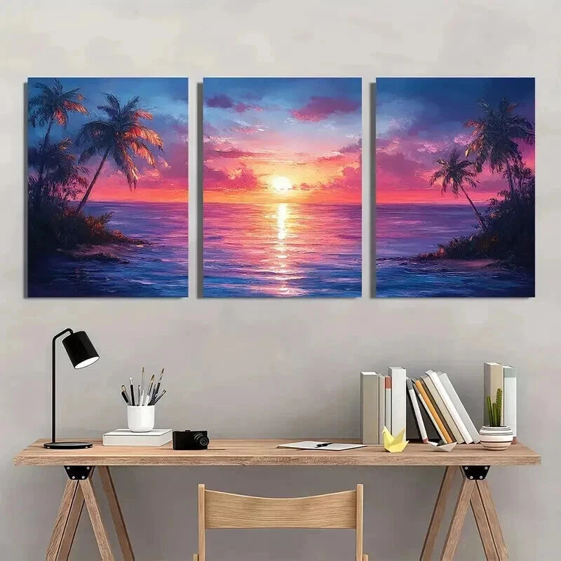 3pcs Vibrant Palm Tree Sunset & Ocean Wall Art Set Canvas Framed 60x90cm - High Quality Print 100% Australian Made Wall Canvas Ready to Hang - Bella Home Decor