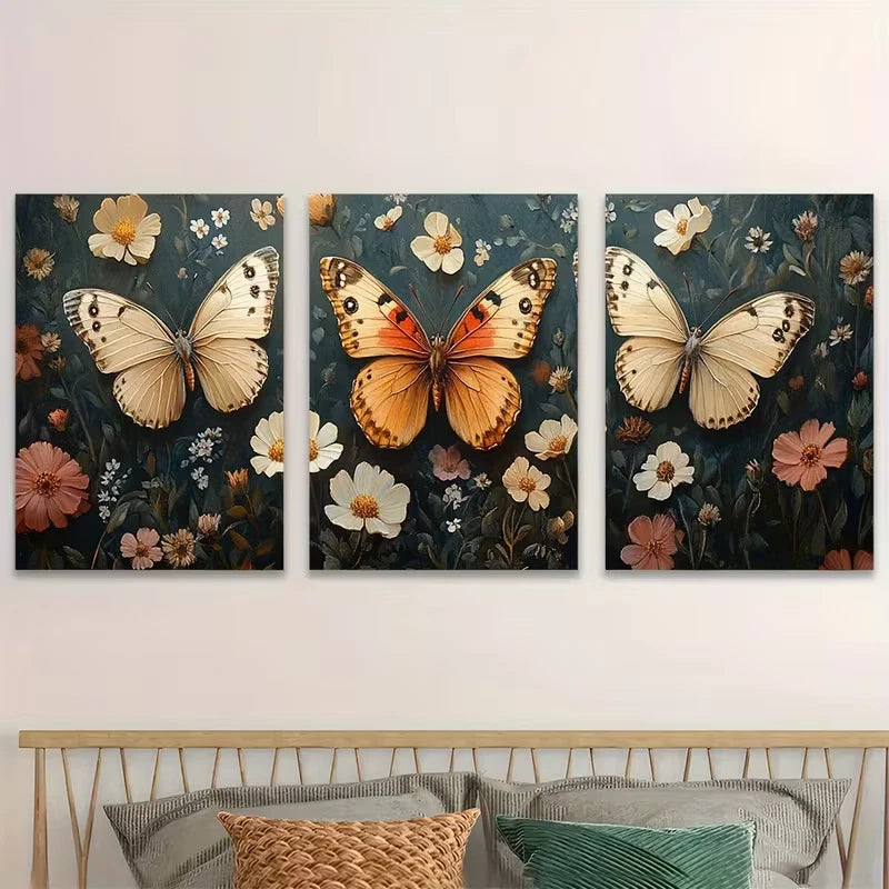 3pcs Victorian Butterfly Elegant Wildflowers  Wall Art Set Canvas Framed 40x60cm - High Quality Print 100% Australian Made Wall Canvas Ready to Hang
