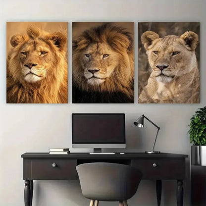 3pcs Lion Botswana African Photography, Safari Wall Art Set Canvas Framed 60x90cm - High Quality Print 100% Australian Made Wall Canvas Ready to Hang