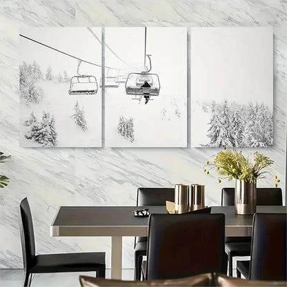 3pcs Snowy Chairlift Scenery with Pine Trees, Metal Print Ready to Hang Art