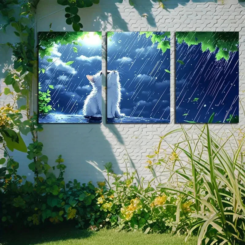 3pcs White Cat in Rain Animal Theme Design Metal Print Ready to Hang Art - Bella Home Decor