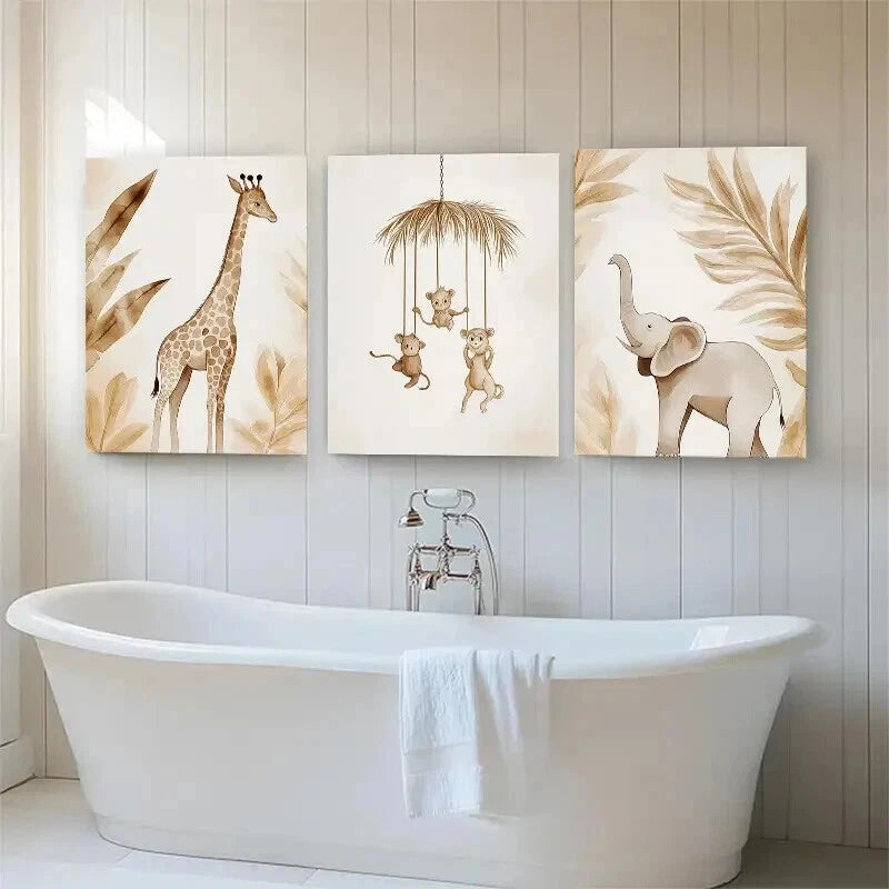 3pcs Safari Jungle Theme Animal Friends Perfect Wall Art Set Canvas Framed 50x70cm - High Quality Print 100% Australian Made Wall Canvas Ready to Hang