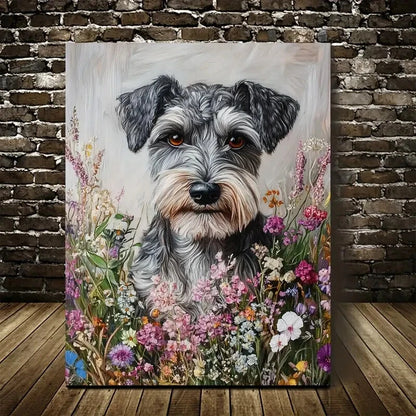 Beautiful Cute Schnauzer Dog with Flowers & Plants 40x60cm Metal Print Ready to Hang - Bella Home Decor