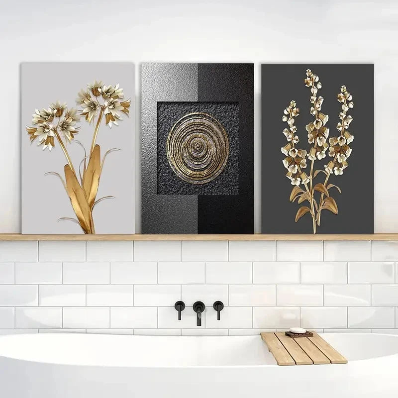 3pcs Golden Leaf & White Flower Design Metal Print Ready to Hang Art - Bella Home Decor