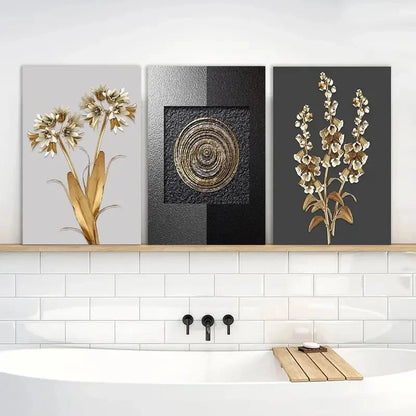 3pcs Golden Leaf & White Flower Design Metal Print Ready to Hang Art - Bella Home Decor