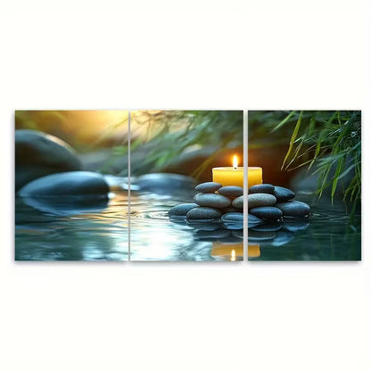 3pcs Bamboo Zen Scene Stacked Pebbles Metal Print Ready to Hang Art - Bella Home Decor