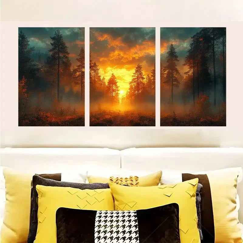 3pcs Pine Forest Dark Sky & Sunset Scene   Wall Art Set Canvas Framed 40x60cm - High Quality Print 100% Australian Made Wall Canvas Ready to Hang