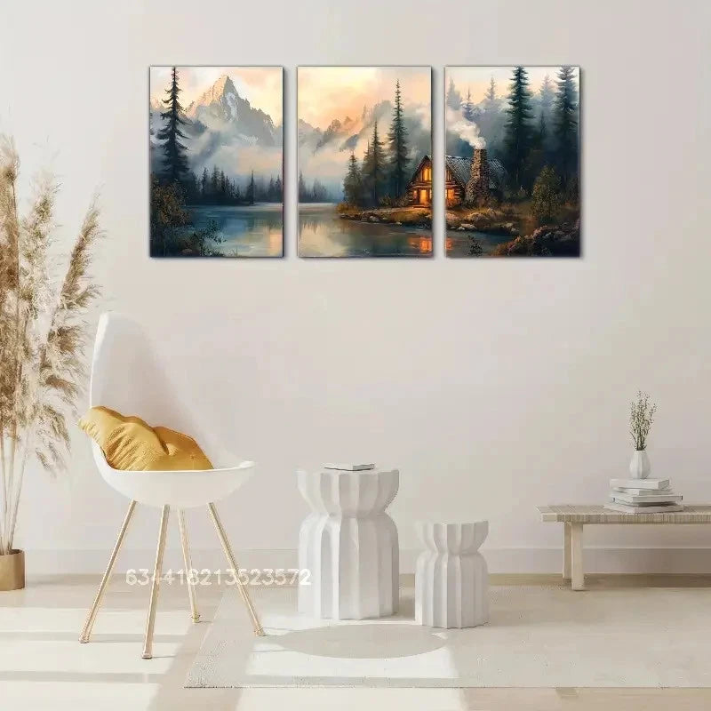 3pcs Cozy Forest & Cabin Landscape Scene Metal Print Ready to Hang Art - Bella Home Decor