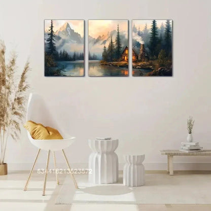 3pcs Cozy Forest & Cabin Landscape Scene Metal Print Ready to Hang Art - Bella Home Decor