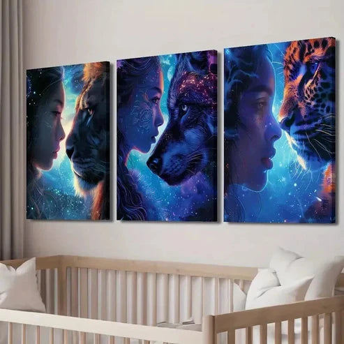 3pcs Galaxy-Themed with Lions Wolves Cheetahs Wall Art Canvas Unframed - High Quality Print 100% Australian Made Wall Canvas - Bella Home Decor