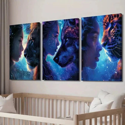 3pcs Galaxy-Themed with Lions Wolves Cheetahs Wall Art Canvas Unframed - High Quality Print 100% Australian Made Wall Canvas - Bella Home Decor