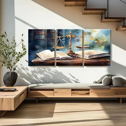 3pcs Golden Scales & Open Books Lawyers Office Wall Art Set Canvas Unframed - High Quality Print 100% Australian Made Wall Canvas - Bella Home Decor
