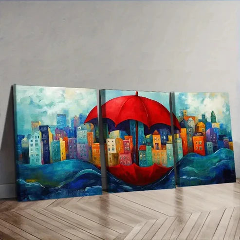 3pcs City view under a red umbrella Wall Art Set Canvas Unframed - High Quality Print 100% Australian Made Wall Canvas - Bella Home Decor