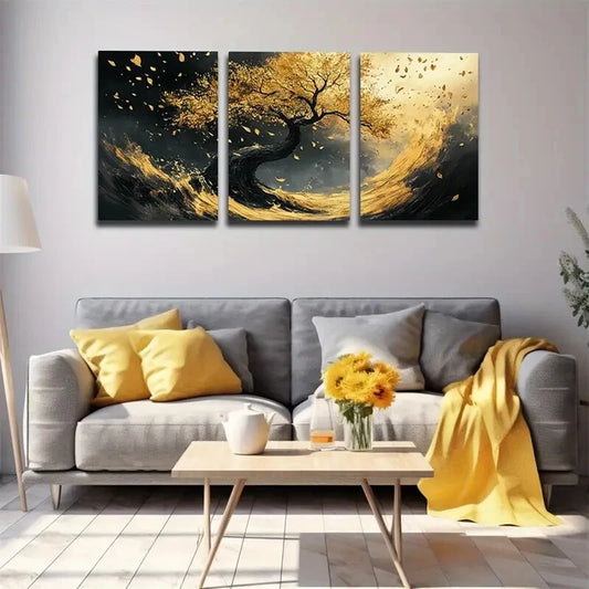 3pcs Noble Black and Golden Tree Wall Art Set Canvas Framed 40x60cm - High Quality Print 100% Australian Made Wall Canvas Ready to Hang