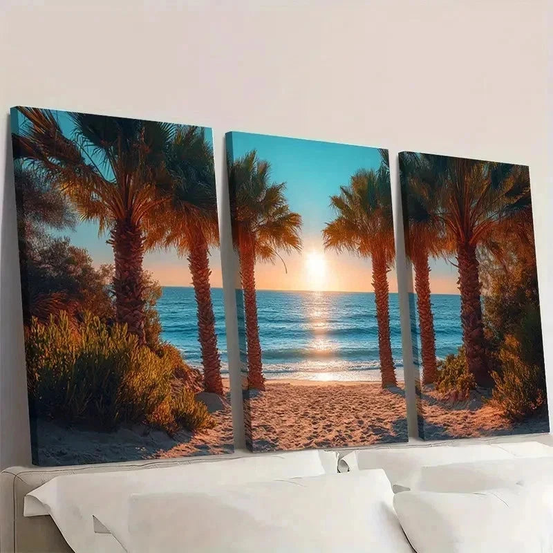 3pcs Palm Tree Beach Sunset DF  Wall Art Set Canvas Framed 60x90cm - High Quality Print 100% Australian Made Wall Canvas Ready to Hang