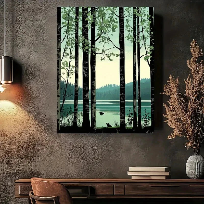 Beautiful Forest Serenity Tranquil Birch Tree Painting 40x60cm Metal Print Ready to Hang - Bella Home Decor