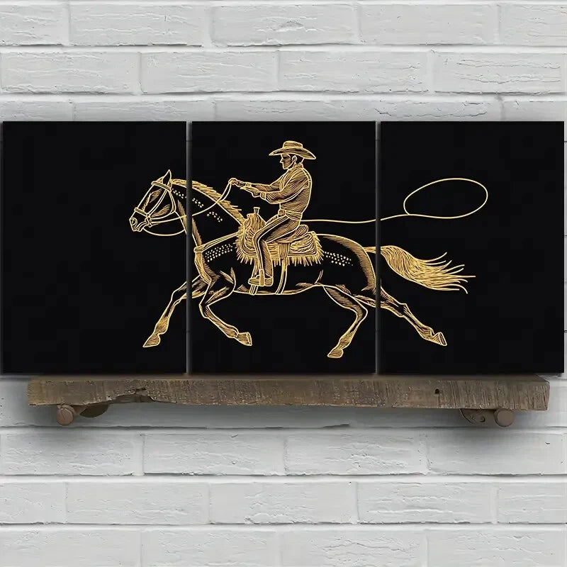 3pcs Horse Man Riding Golden Lines Metal Print Ready to Hang Art - Bella Home Decor
