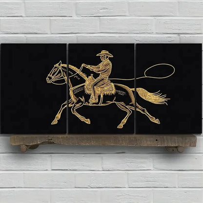 3pcs Horse Man Riding Golden Lines Metal Print Ready to Hang Art - Bella Home Decor