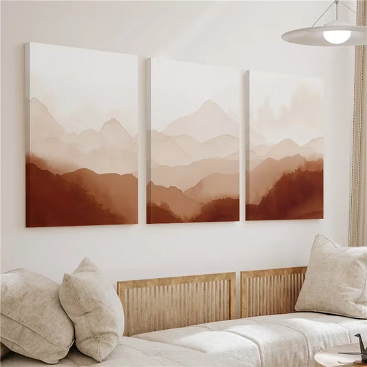 3pcs Beige & Brown Gradient Mountain Landscape Wall Art Set Canvas Framed 60x90cm – High Quality Print 100% Australian Made Wall Canvas Ready to Hang