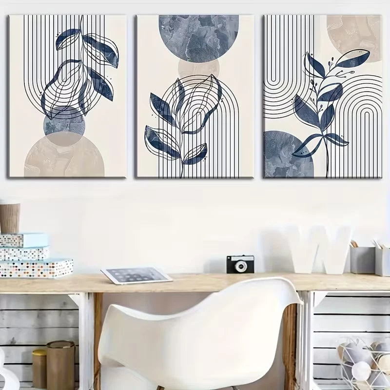 3pcs Blue Geometrical Plants Metal Print Ready to Hang Art - Bella Home Decor
