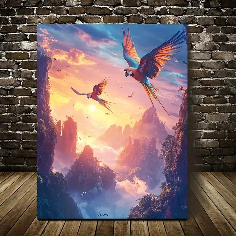 Parrot Scene Under Glowing Sunset Sky Painting 40x60cm Metal Print Ready to Hang - Bella Home Decor