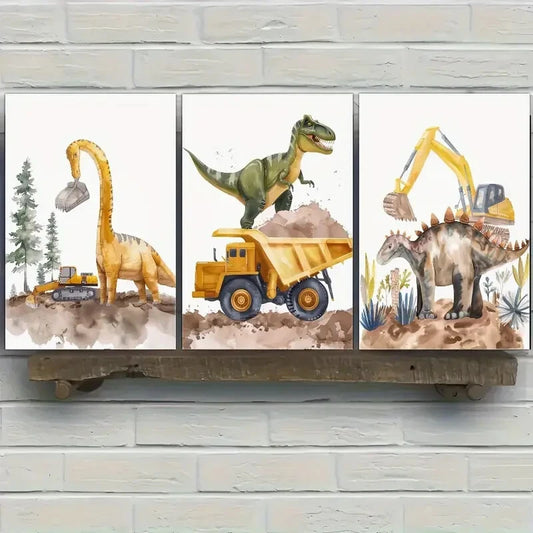 3pcs Dinosaur And Heavy Construction Vehicles Metal Print Ready to Hang Art