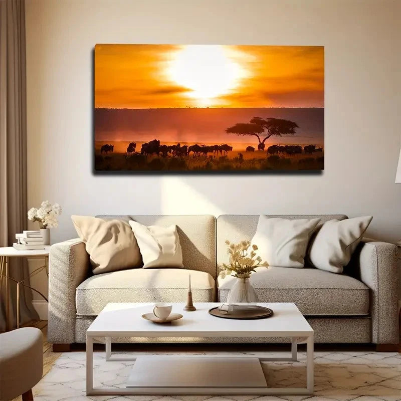 African Savanna Sunset Wall Art Canvas Office Home Room Framed 120x60cm