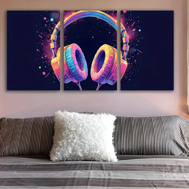 3pcs Vibrant Headphone Canvas Art Wall Art Set Canvas Framed 50x70cm - High Quality Print 100% Australian Made Wall Canvas Ready to Hang