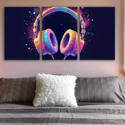 3pcs Vibrant Headphone Canvas Art Wall Art Set Canvas Framed 50x70cm - High Quality Print 100% Australian Made Wall Canvas Ready to Hang