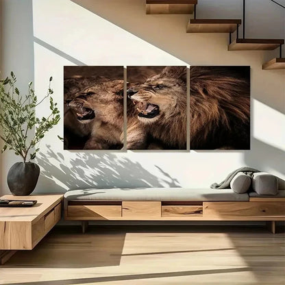 3pcs Roaring Lion Couple in Triptych Panels Metal Print Ready to Hang Art