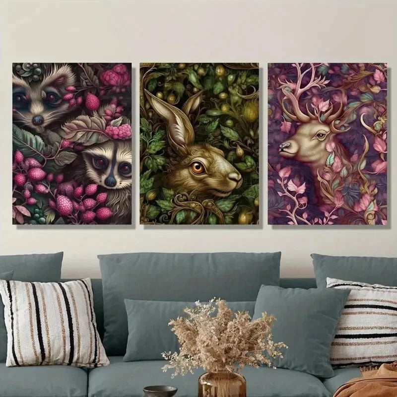 3pcs Raccoon, Rabbit & Deer in Floral & Fruity  Wall Art Canvas  Framed 60x90cm - High Quality Print 100% Australian Made Wall Canvas Ready to Hang - Bella Home Decor