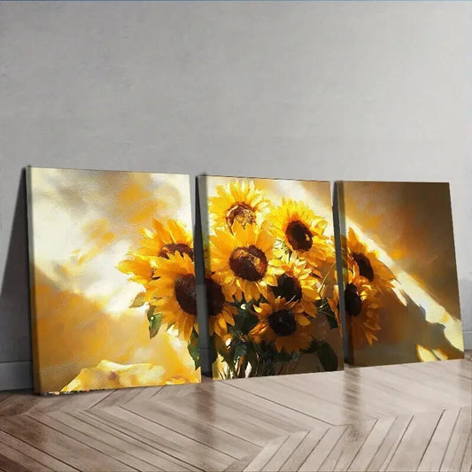 3pcs Sunflowers Floral Nature Waterproof Wall Art Set Canvas Framed 60x90cm - High Quality Print 100% Australian Made Wall Canvas Ready to Hang