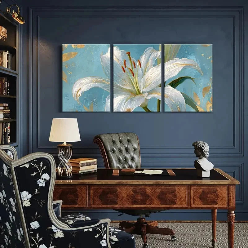 3pcs Elegant White Lily Floral Art Golden Accents Metal Print Ready to Hang Art