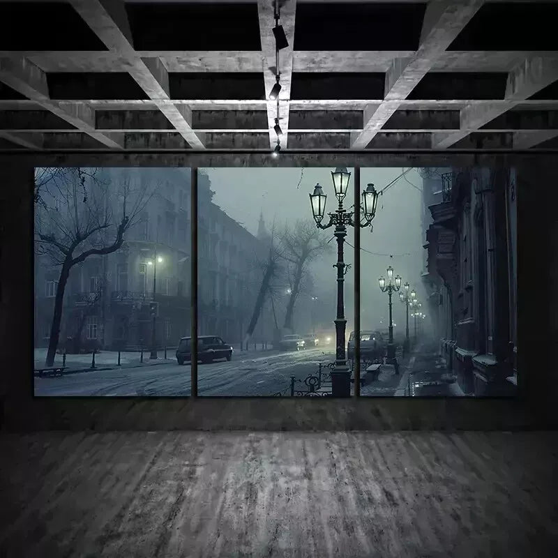 3pcs City in Fog At Night Wall Art Set Canvas Framed 50x70cm - High Quality Print 100% Australian Made Wall Canvas Ready to Hang