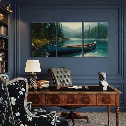 3pcs Blue Canoe Serene Lake Majestic Mountains Metal Print Ready to Hang Art - Bella Home Decor