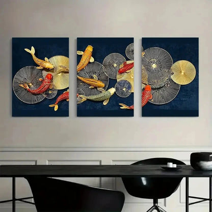 3pcs Golden Fish and for Lotus Leaves on Dark Blue Metal Print Ready to Hang Art - Bella Home Decor