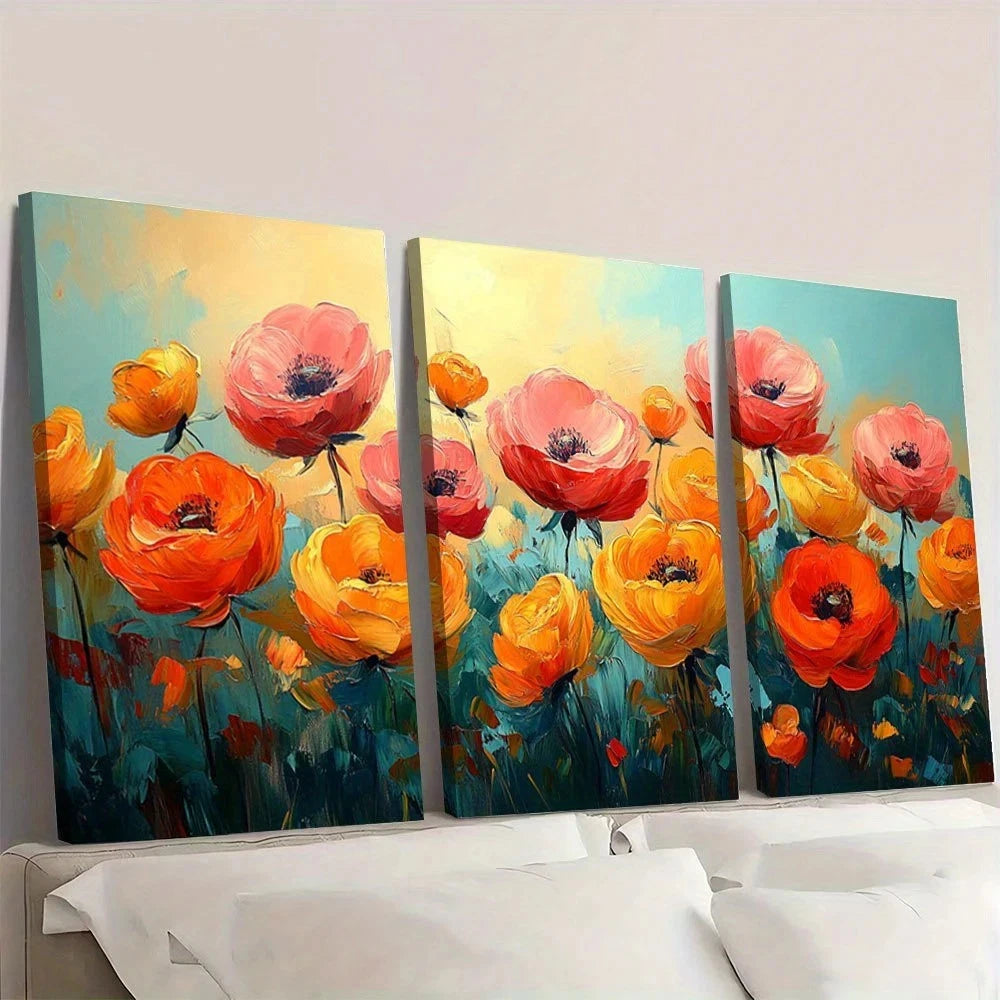 3pcs Vibrant Floral Abstract Oil Painting Wall Art Set Canvas Framed 40x60cm - High Quality Print 100% Australian Made Wall Canvas Ready to Hang