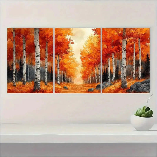 3pcs Fall Birch & Aspen Watercolor Prints Metal Print Ready to Hang Art