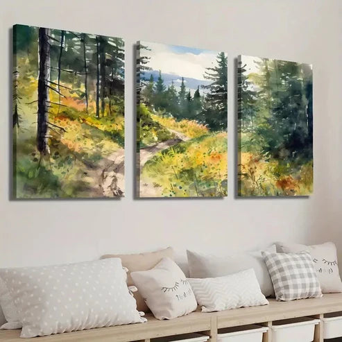 3pcs Vibrant Mountain Path & Sunlit Trees Wall Art Set Canvas Unframed - High Quality Print 100% Australian Made Wall Canvas