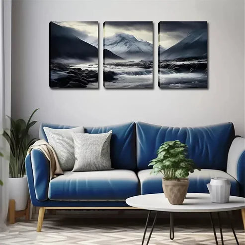 3pcs Black and White Background, Mountain Wall Art Set Canvas Unframed - High Quality Print 100% Australian Made Wall Canvas - Bella Home Decor