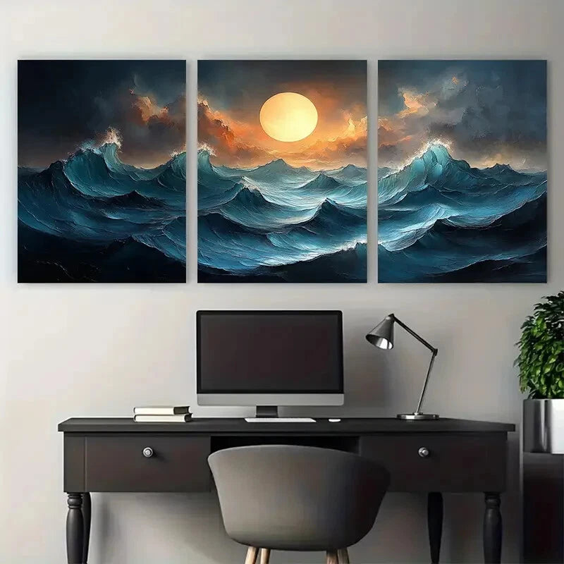 3pcs Modern Minimalist Abstract Sea Waves Metal Print Ready to Hang Art