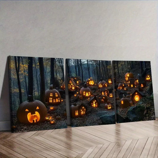 3pcs A Village Of Pumpkin Houses In A Forest Wall Art Set Canvas Framed 50x70cm - High Quality Print 100% Australian Made Wall Canvas Ready to Hang
