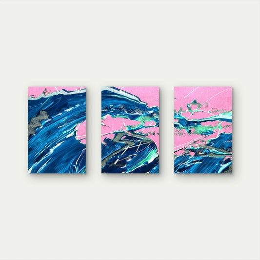 3pcs Pink, Blue and Gold Fluid Paint Art Wall Art Set Canvas Framed 40x60cm - High Quality Print 100% Australian Made Wall Canvas Ready to Hang