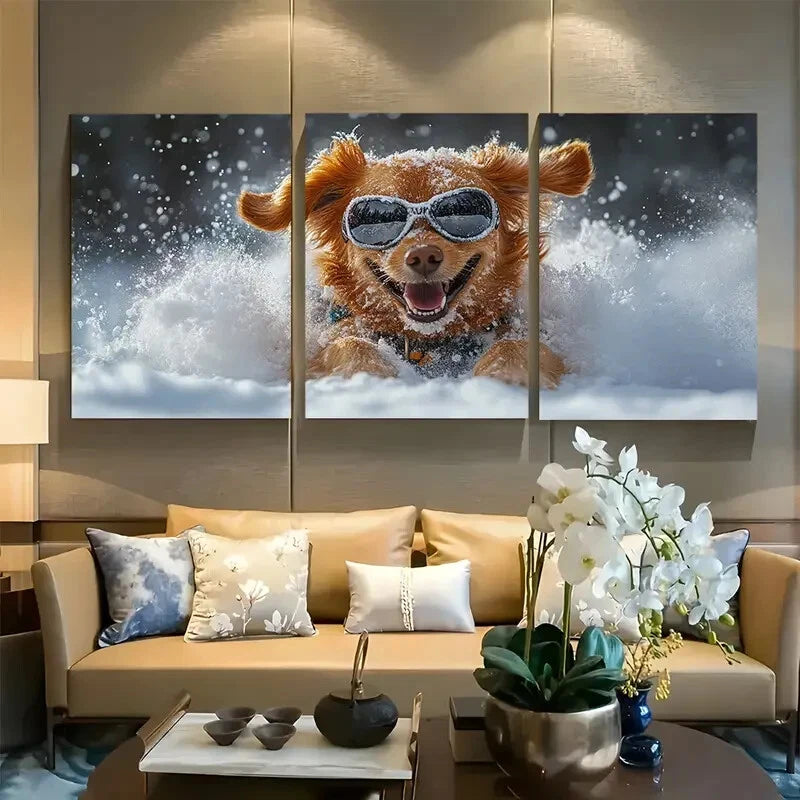 3pcs Powder Peak Ski Dog Portrait Design Metal Print Ready to Hang Art