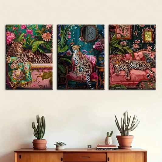 3pcs Three Cheetah Stylish Murals Perfect Wall Art Set Canvas Framed 60x90cm - High Quality Print 100% Australian Made Wall Canvas Ready to Hang