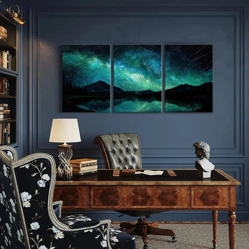 3pcs Starry Night Sky Mountain Reflection Metal Print Ready to Hang Art - Bella Home Decor