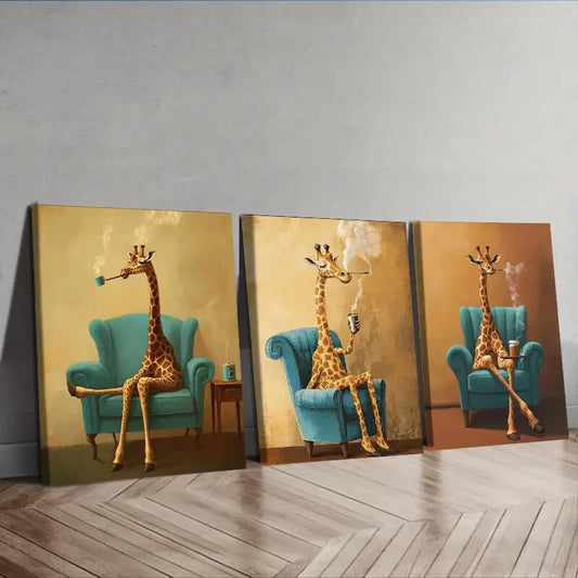 3pcs The giraffe is on the chair Wall Art Set Canvas Framed 40x60cm - High Quality Print 100% Australian Made Wall Canvas Ready to Hang