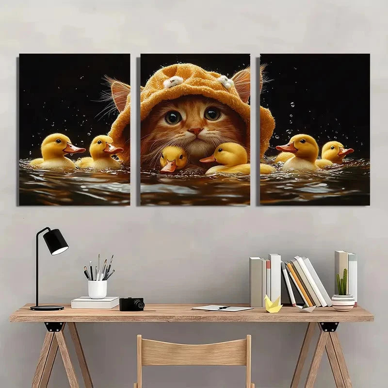 3pcs Adorable Cat Lion Hat Ducks Wall Art Set Canvas Framed 40x60cm - High Quality Print 100% Australian Made Wall Canvas Ready to Hang - Bella Home Decor